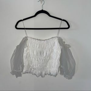 Off The Shoulder Ruffle Trim Crop Top, White